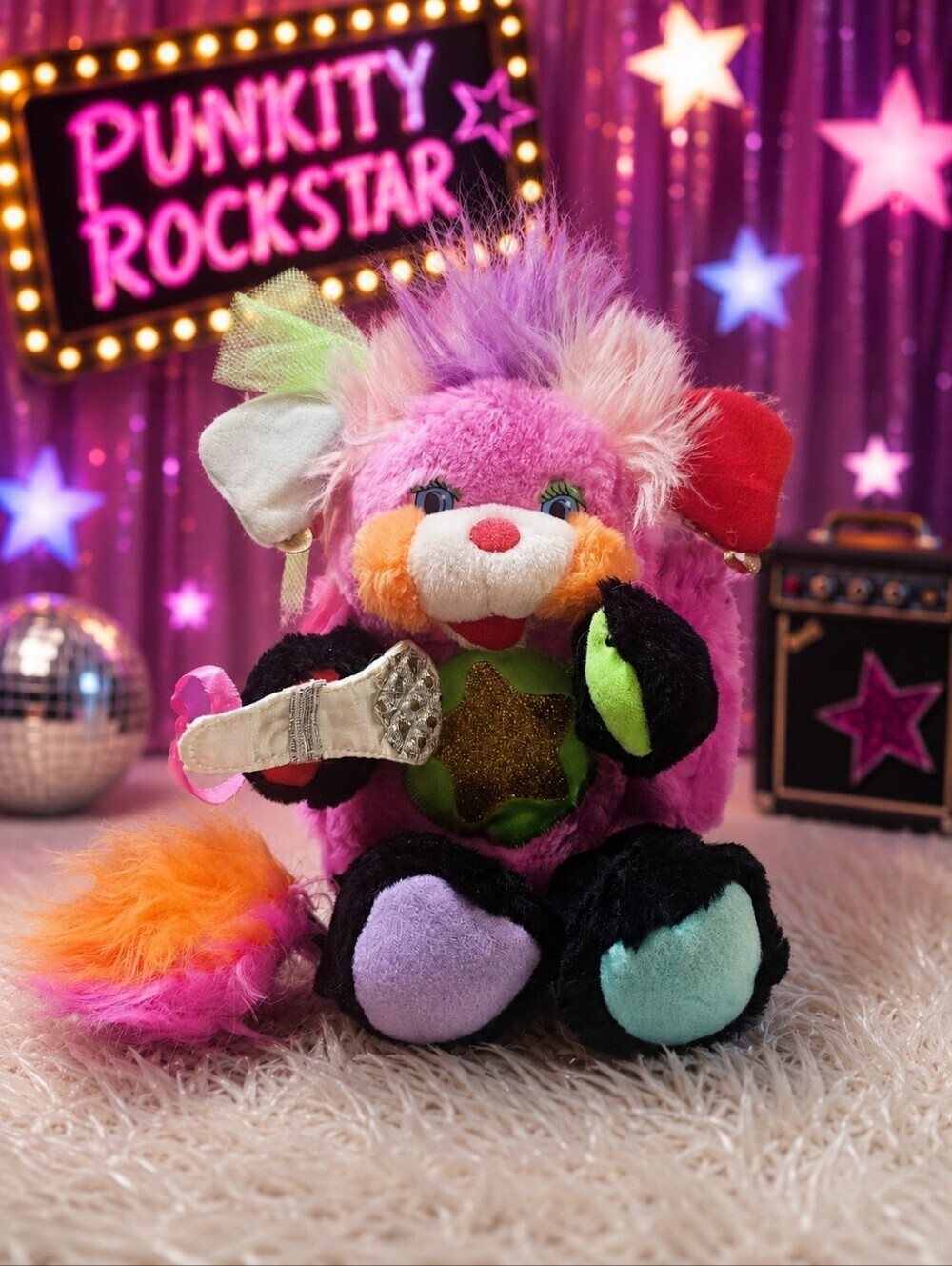 Vintage Popple Punkity Rockstar Plush Stuffed 1986 Microphone Mattel Stuffy Pink